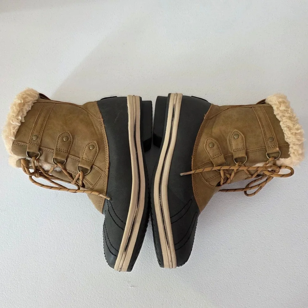 Pawz Gina Snow Boots Women Size 9 Tan Black Faux Leather Wool Blend Sherpa Lined
